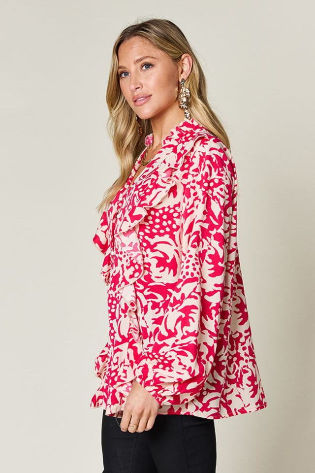 Double Take Full Size Printed Ruffle Trim Balloon Sleeve Shirt.