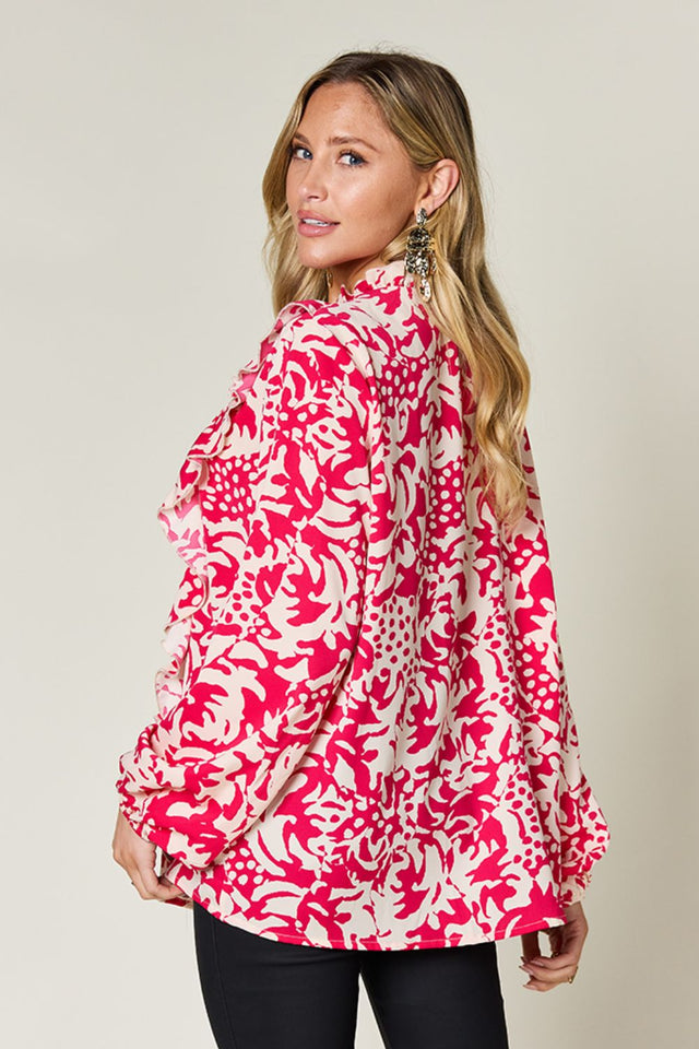 Double Take Full Size Printed Ruffle Trim Balloon Sleeve Shirt.