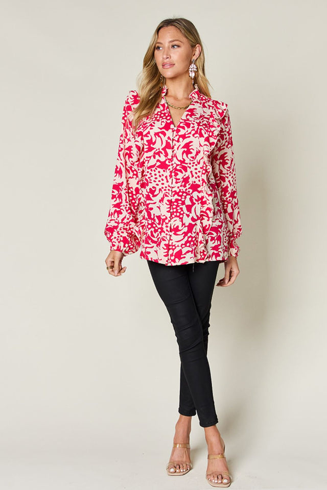 Double Take Full Size Printed Ruffle Trim Balloon Sleeve Shirt.