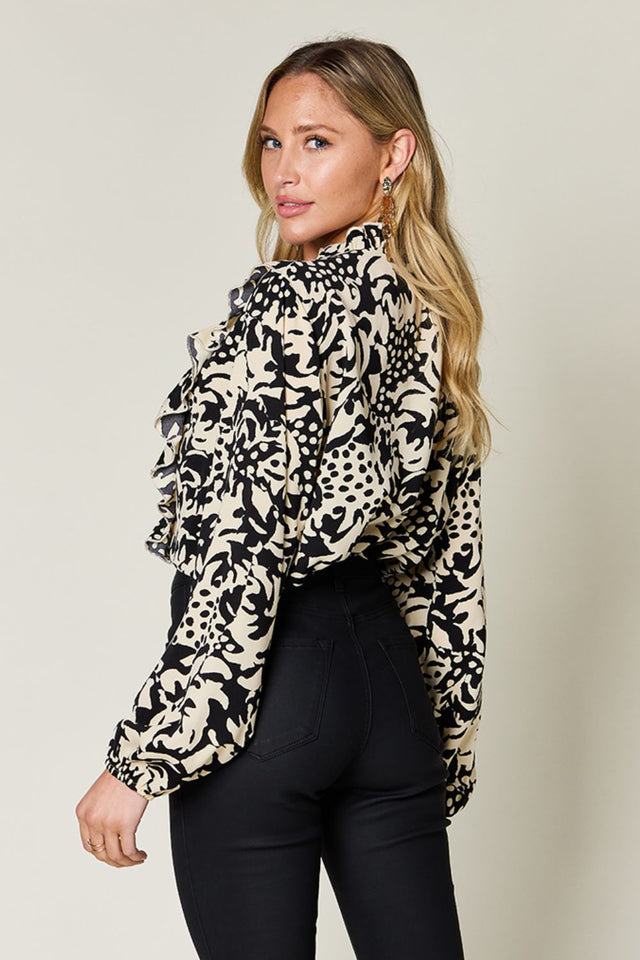 Double Take Full Size Printed Ruffle Trim Balloon Sleeve Shirt.