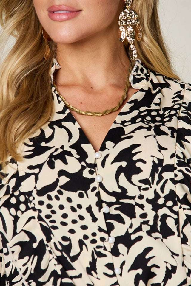Double Take Full Size Printed Ruffle Trim Balloon Sleeve Shirt.