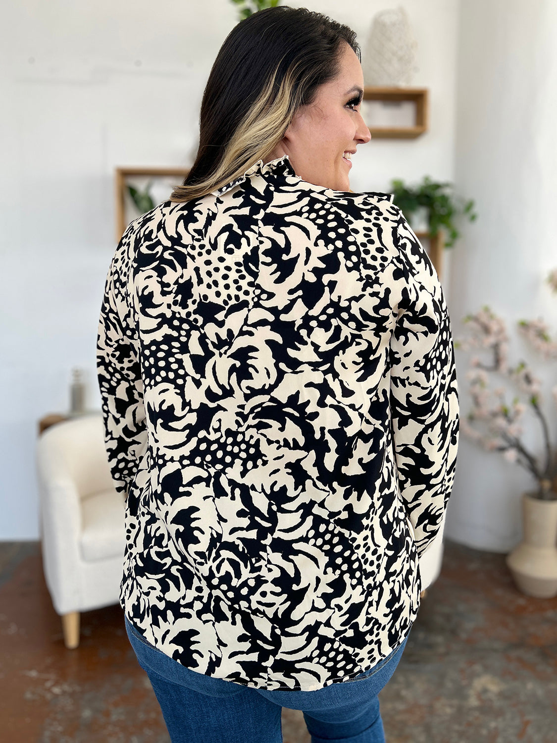 Double Take Full Size Printed Ruffle Trim Balloon Sleeve Shirt.