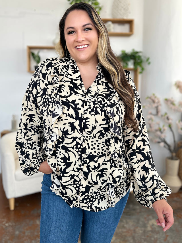 Double Take Full Size Printed Ruffle Trim Balloon Sleeve Shirt.