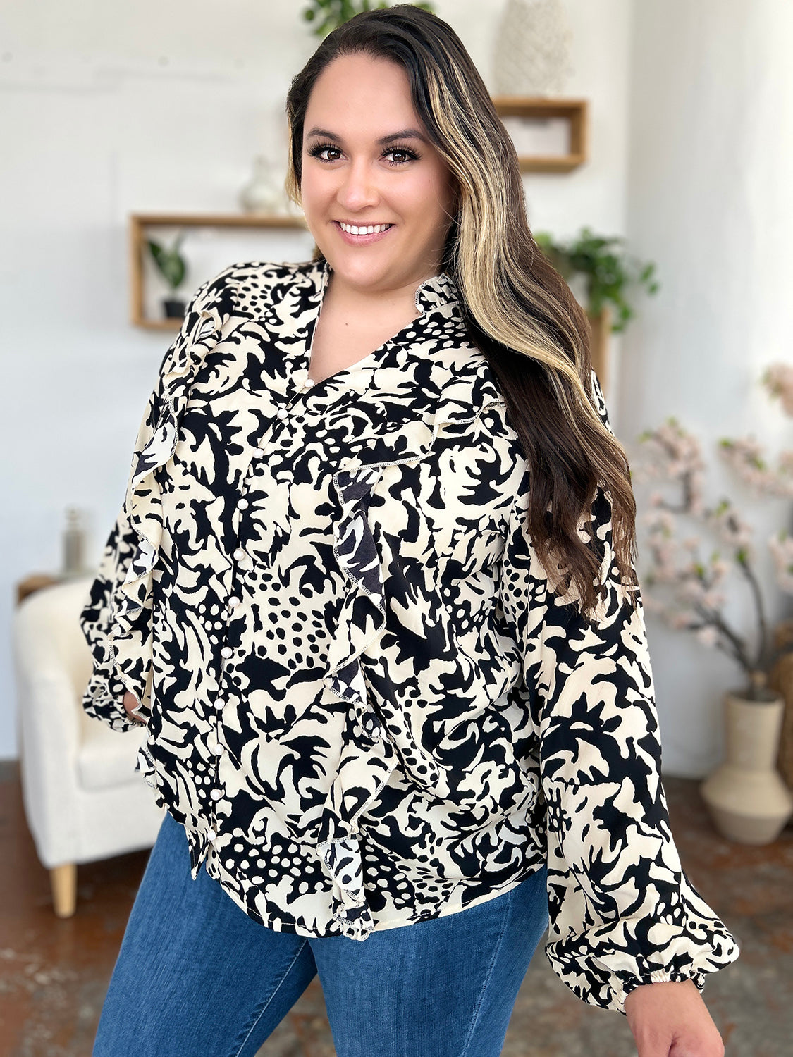 Double Take Full Size Printed Ruffle Trim Balloon Sleeve Shirt.