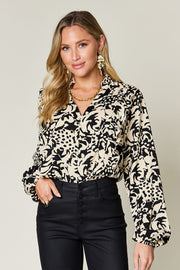 Double Take Full Size Printed Ruffle Trim Balloon Sleeve Shirt.