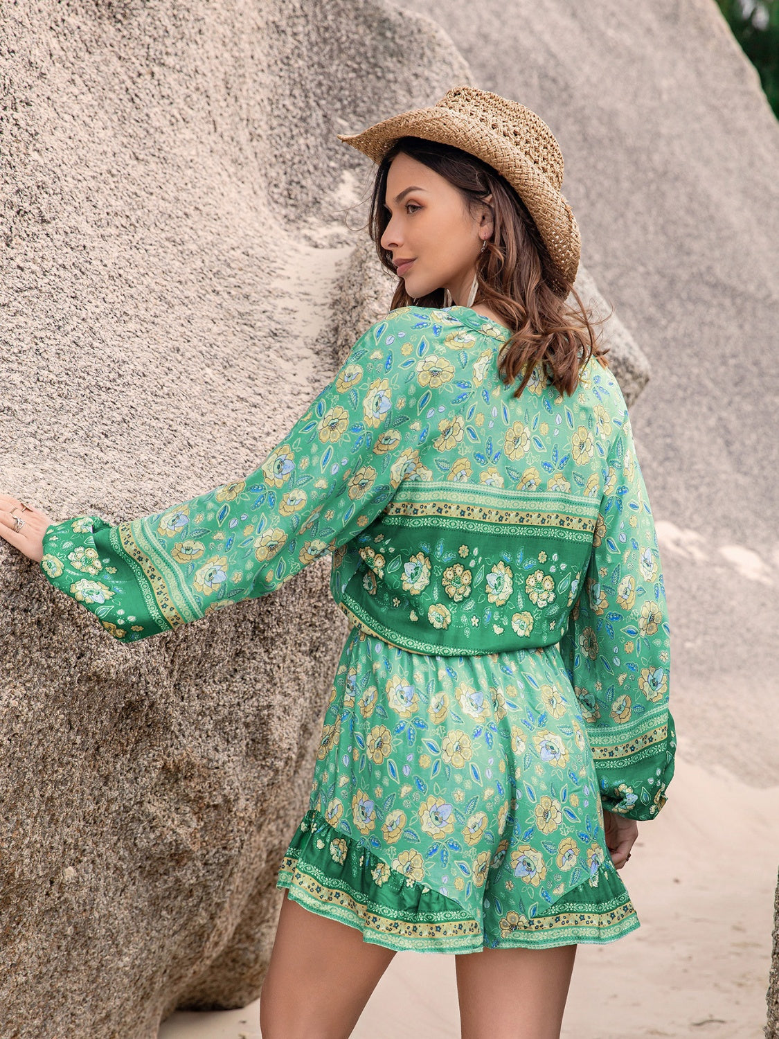 Printed Ruffled Balloon Sleeve Romper.