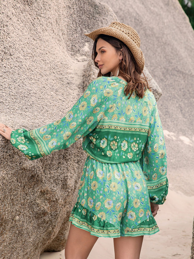 Printed Ruffled Balloon Sleeve Romper.