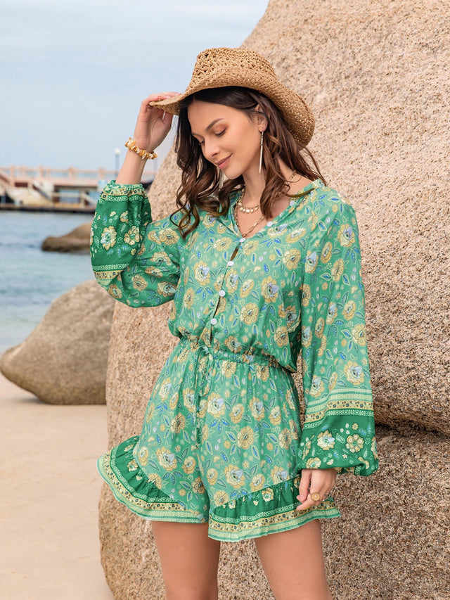 Printed Ruffled Balloon Sleeve Romper.