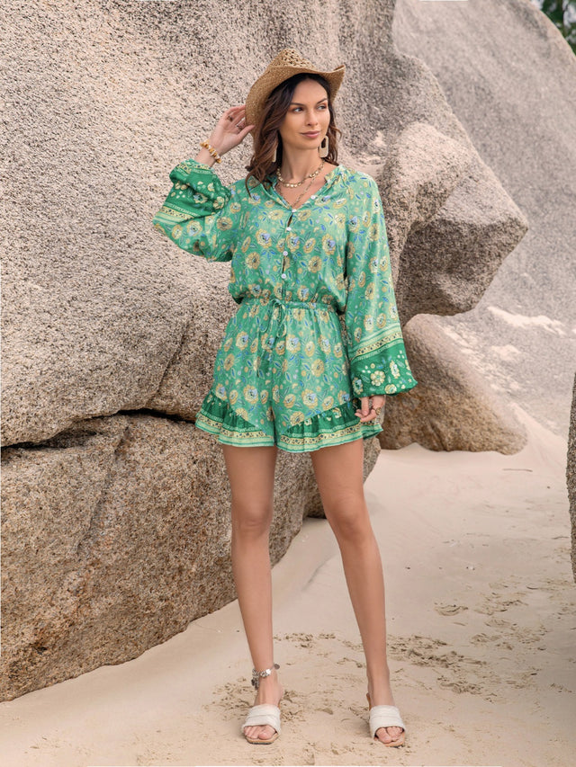 Printed Ruffled Balloon Sleeve Romper.