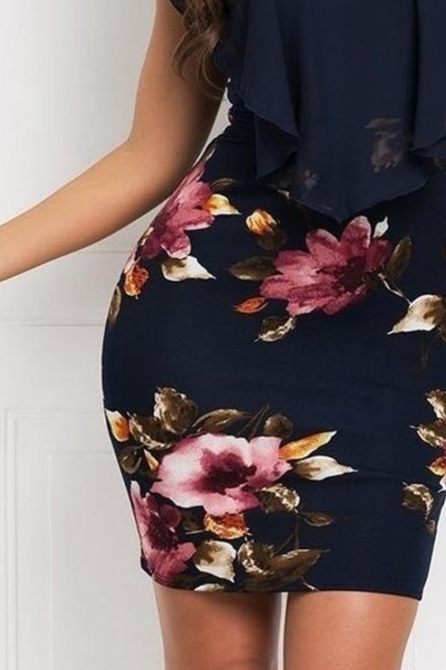 Printed Ruffled Cap Sleeve Mini Dress.