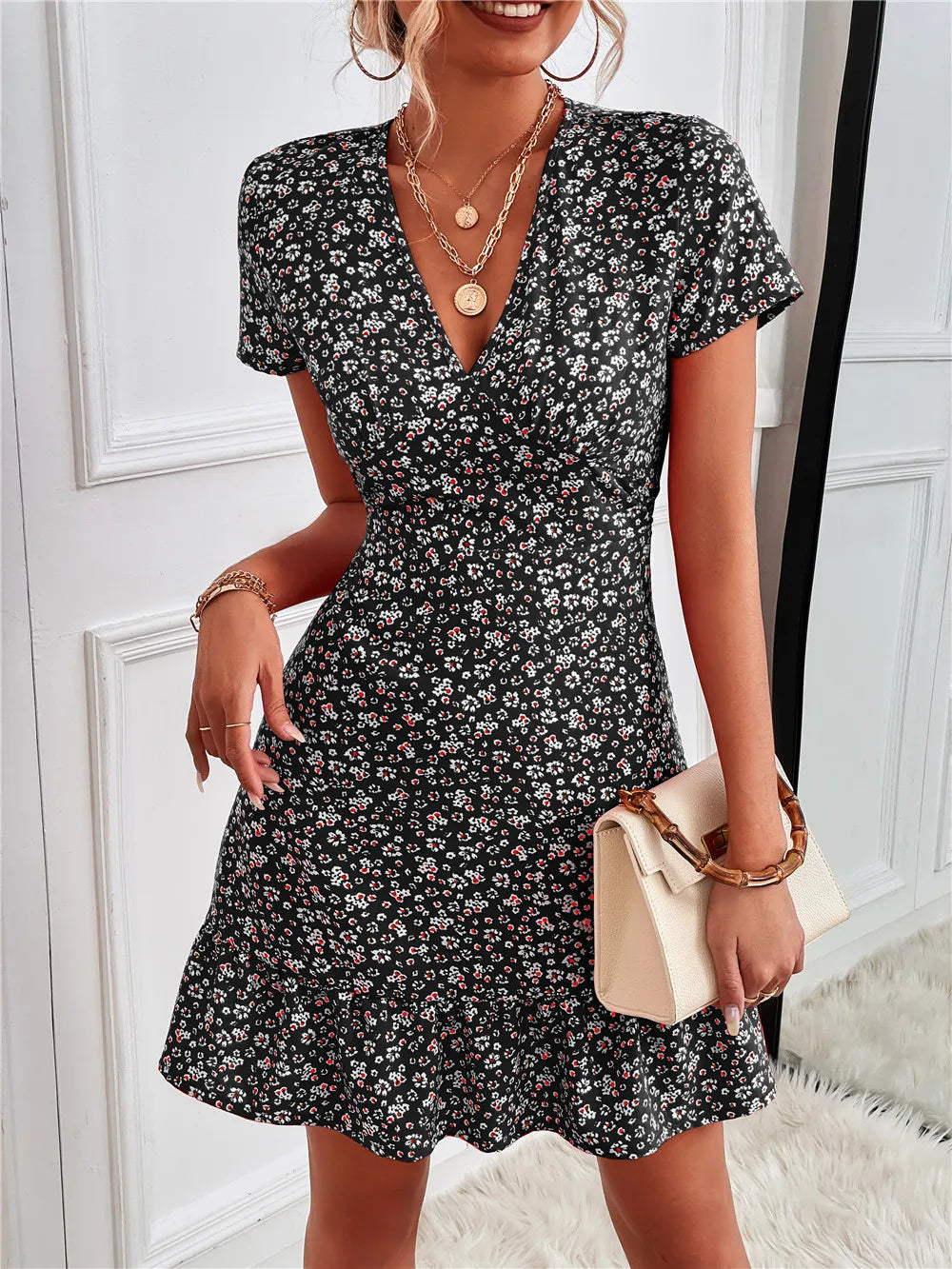 Printed Ruffled Hem V-Neck Short Sleeve Mini Dress.