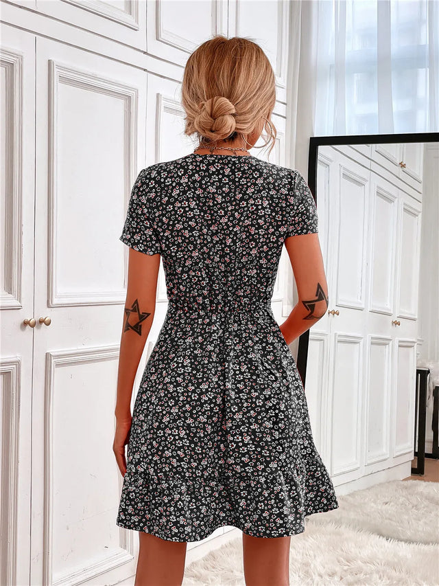 Printed Ruffled Hem V-Neck Short Sleeve Mini Dress.