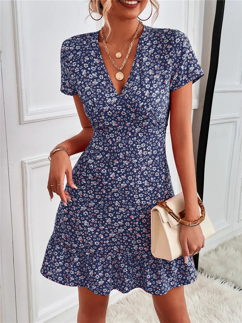 Printed Ruffled Hem V-Neck Short Sleeve Mini Dress.