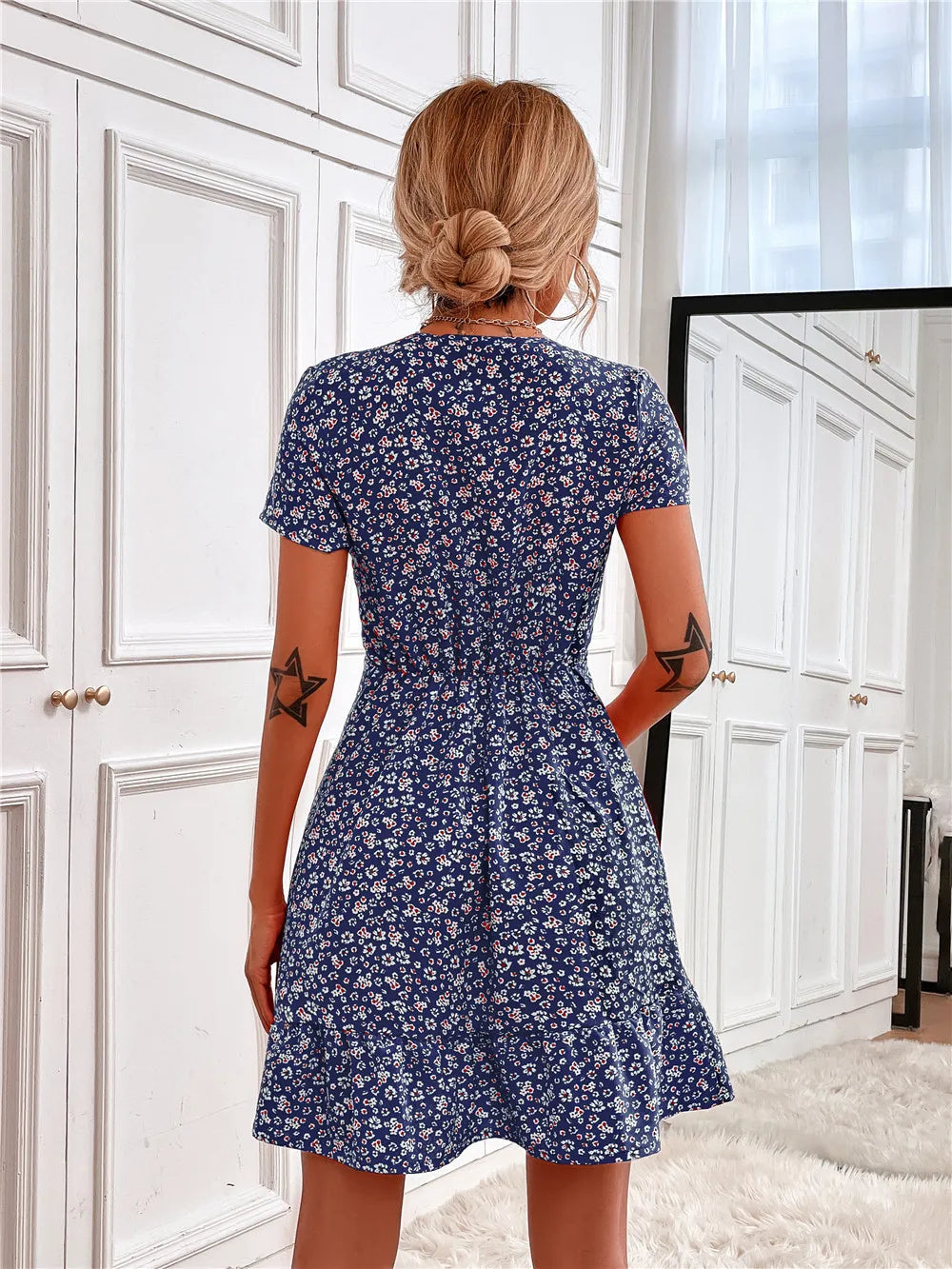 Printed Ruffled Hem V-Neck Short Sleeve Mini Dress.