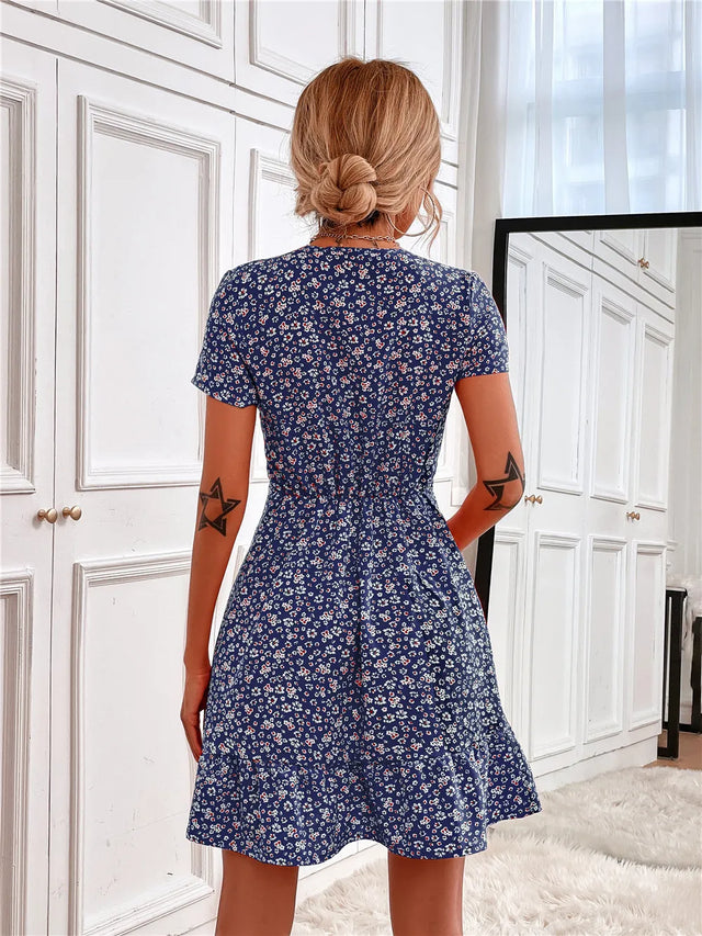 Printed Ruffled Hem V-Neck Short Sleeve Mini Dress.