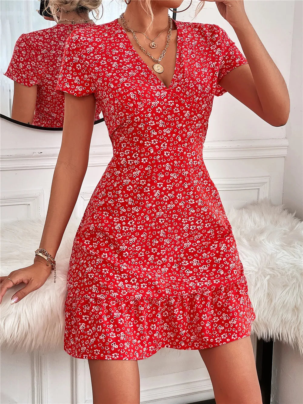 Printed Ruffled Hem V-Neck Short Sleeve Mini Dress.
