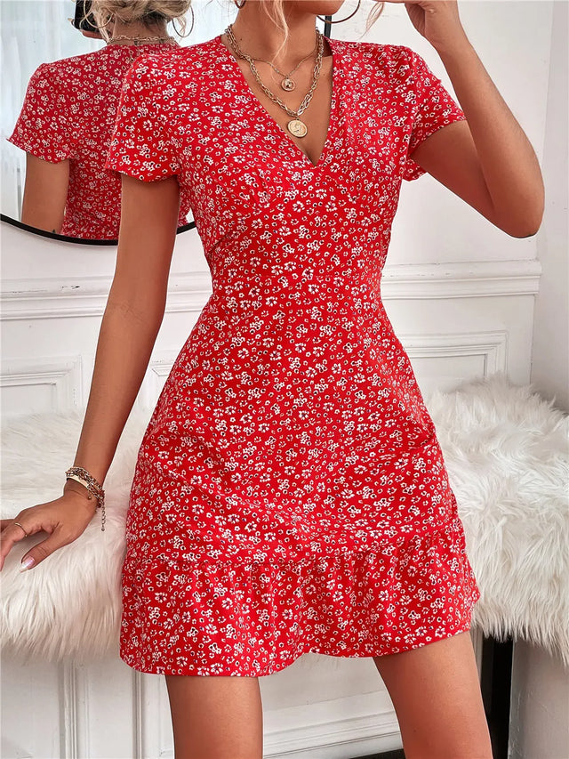 Printed Ruffled Hem V-Neck Short Sleeve Mini Dress.
