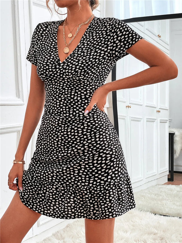 Printed Ruffled Hem V-Neck Short Sleeve Mini Dress.