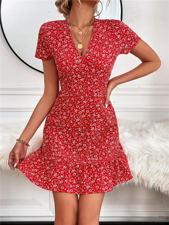 Printed Ruffled Hem V-Neck Short Sleeve Mini Dress.