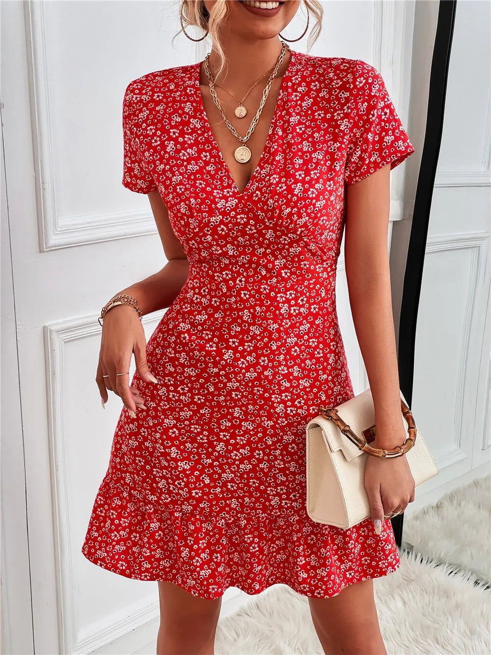 Printed Ruffled Hem V-Neck Short Sleeve Mini Dress.