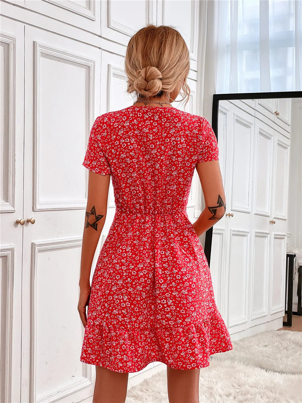 Printed Ruffled Hem V-Neck Short Sleeve Mini Dress.