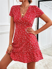 Printed Ruffled Hem V-Neck Short Sleeve Mini Dress.
