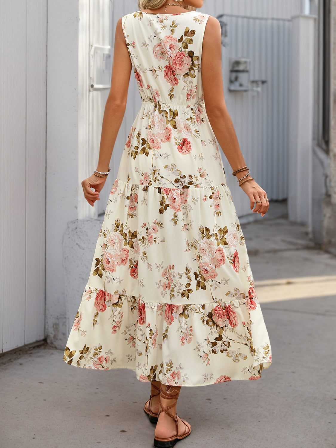 Printed Ruffled Hem V-Neck Sleeveless Dress.