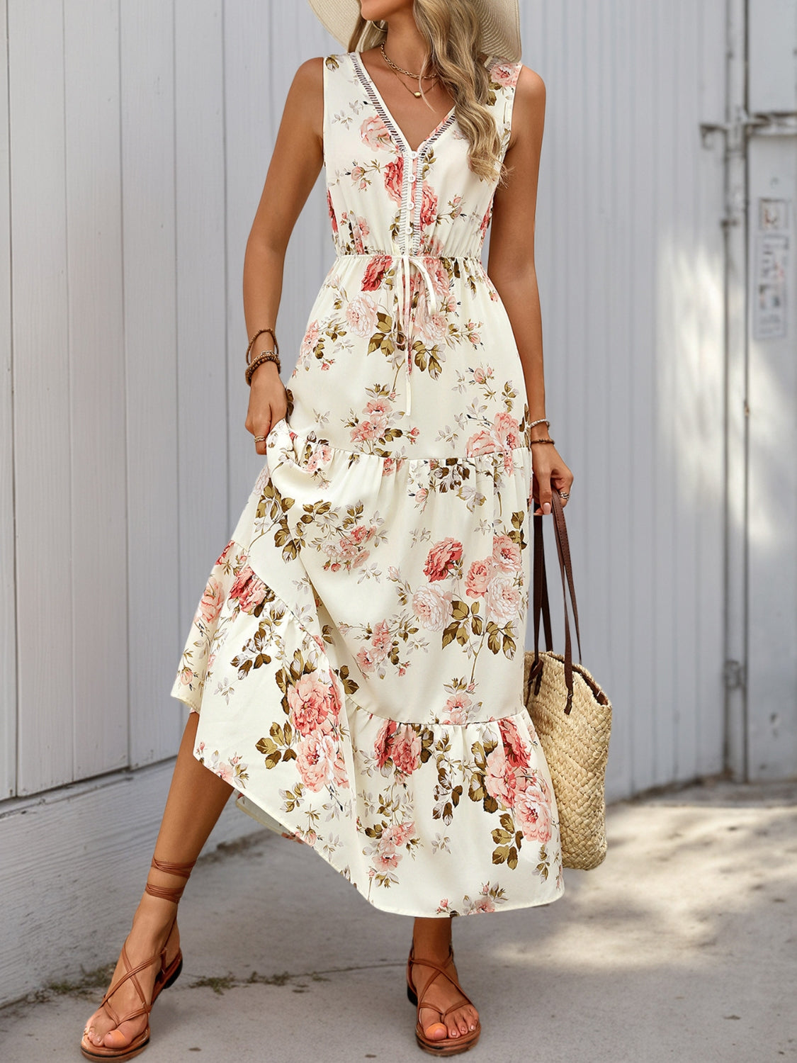 Printed Ruffled Hem V-Neck Sleeveless Dress.