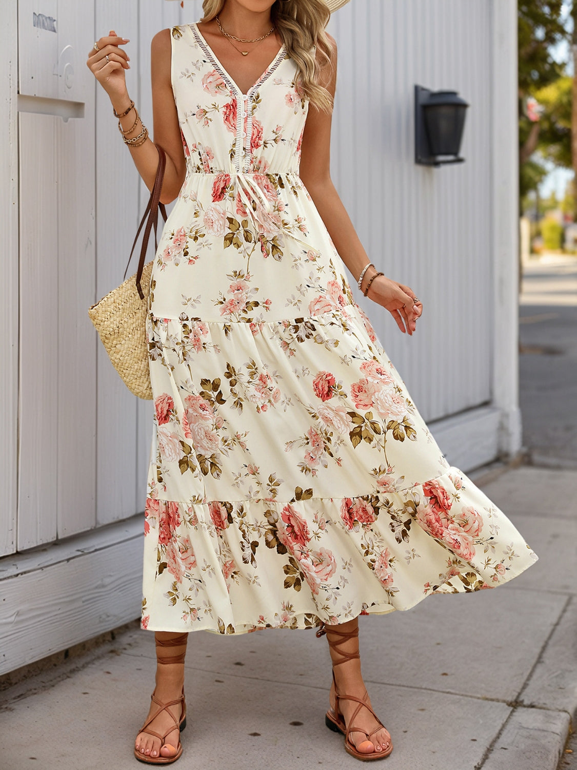 Printed Ruffled Hem V-Neck Sleeveless Dress.