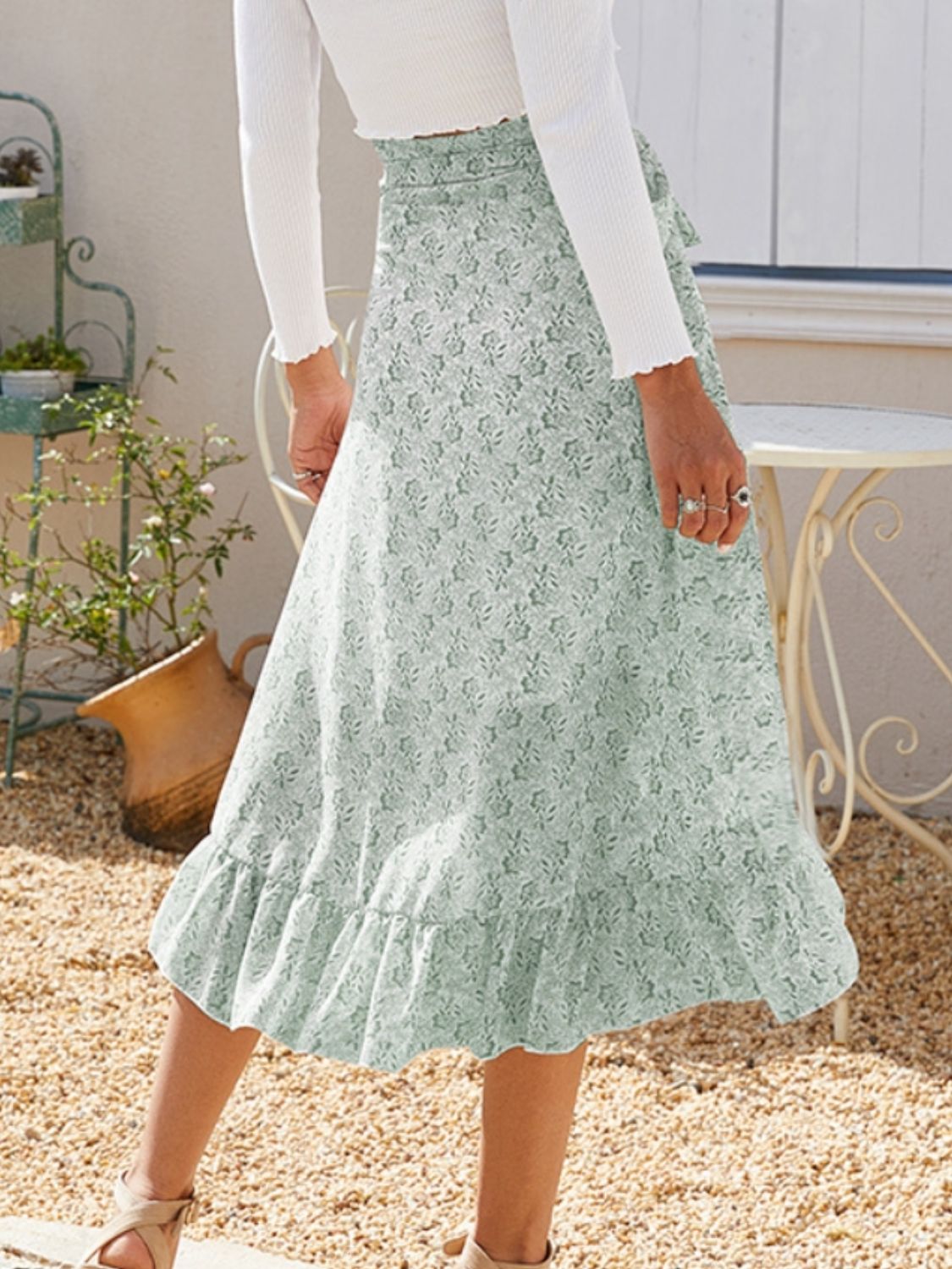 Printed Ruffled Midi Skirt.