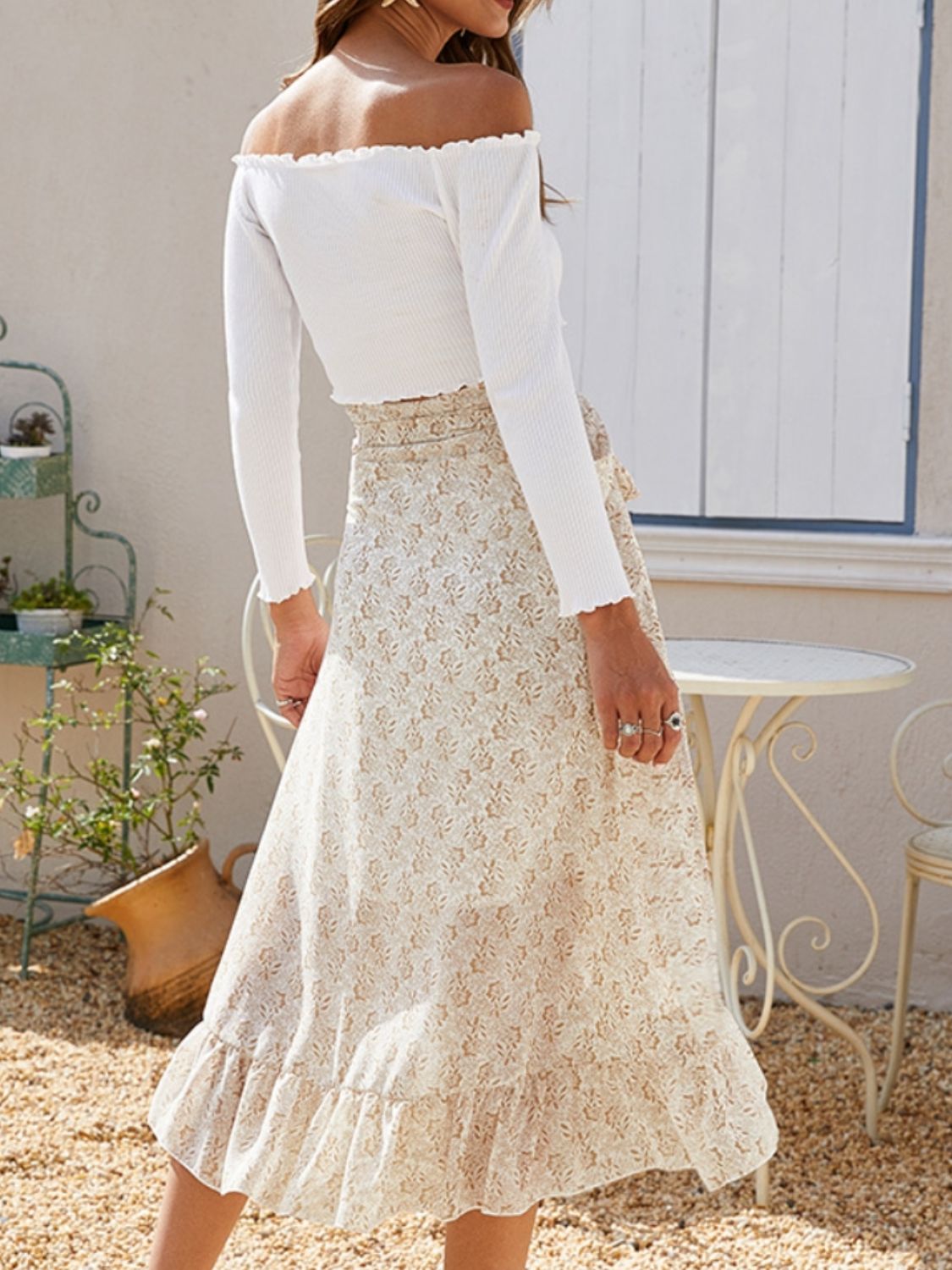 Printed Ruffled Midi Skirt.