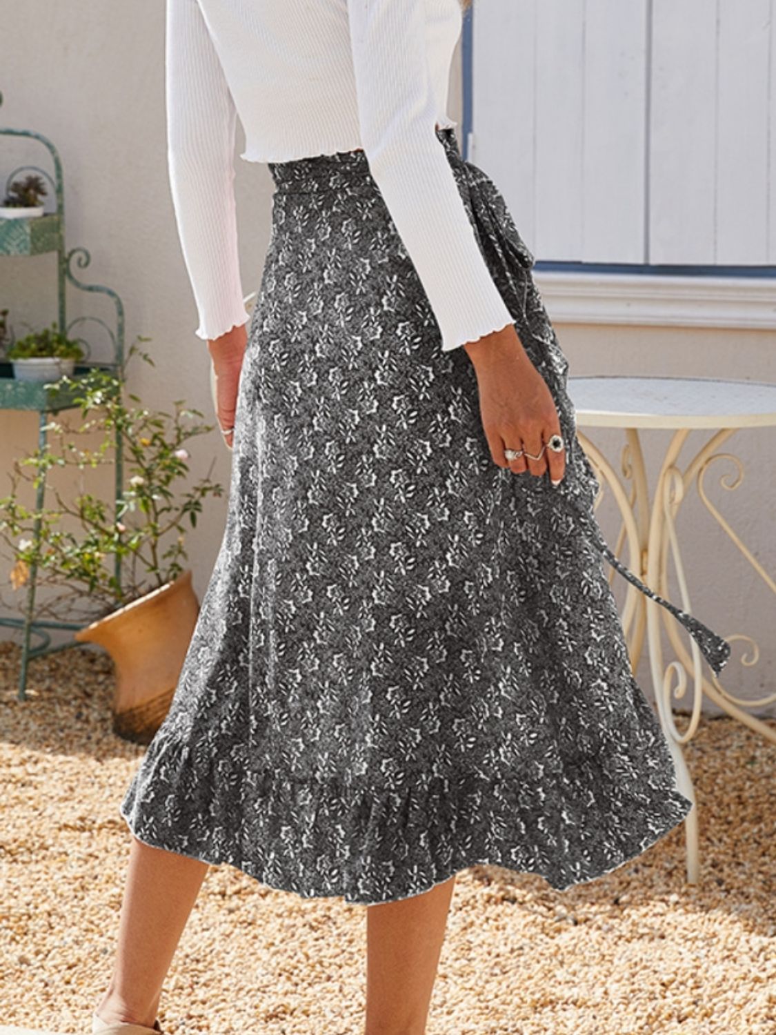 Printed Ruffled Midi Skirt.