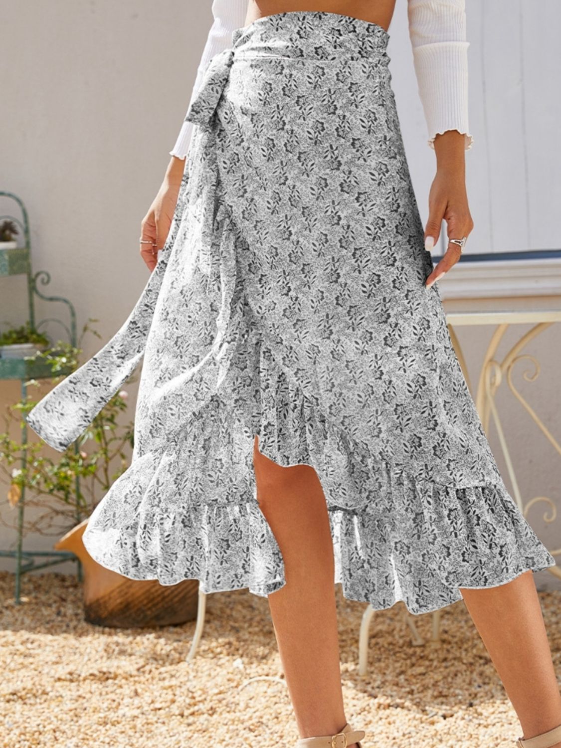 Printed Ruffled Midi Skirt.