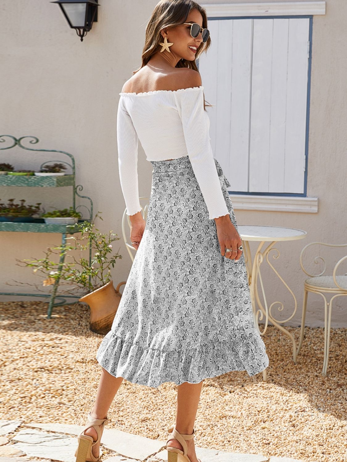 Printed Ruffled Midi Skirt.