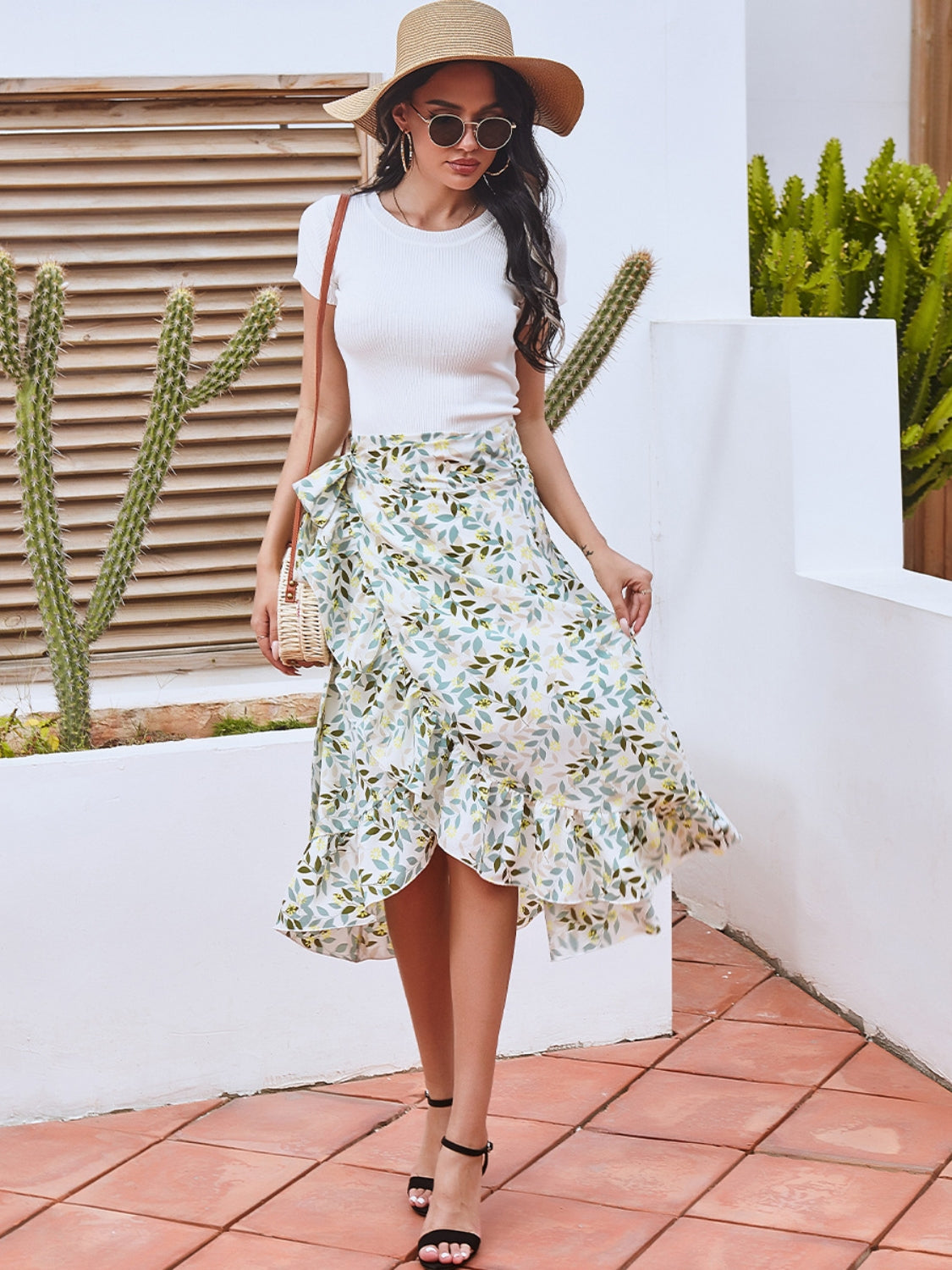 Printed Ruffled Midi Skirt.