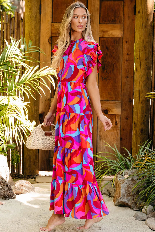 Printed Ruffled Mock Neck Tiered Dress.