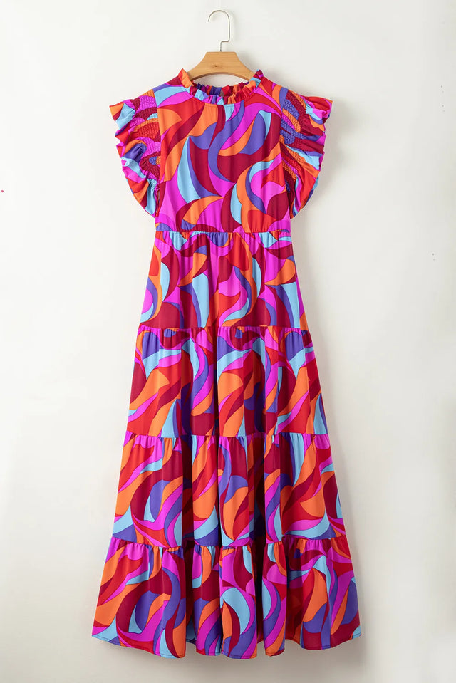 Printed Ruffled Mock Neck Tiered Dress.