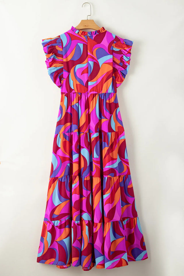 Printed Ruffled Mock Neck Tiered Dress.