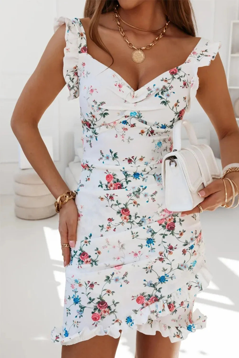 Printed Ruffled Sweetheart Neck Mini Dress.