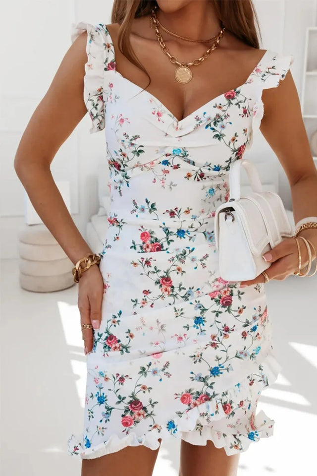 Printed Ruffled Sweetheart Neck Mini Dress.