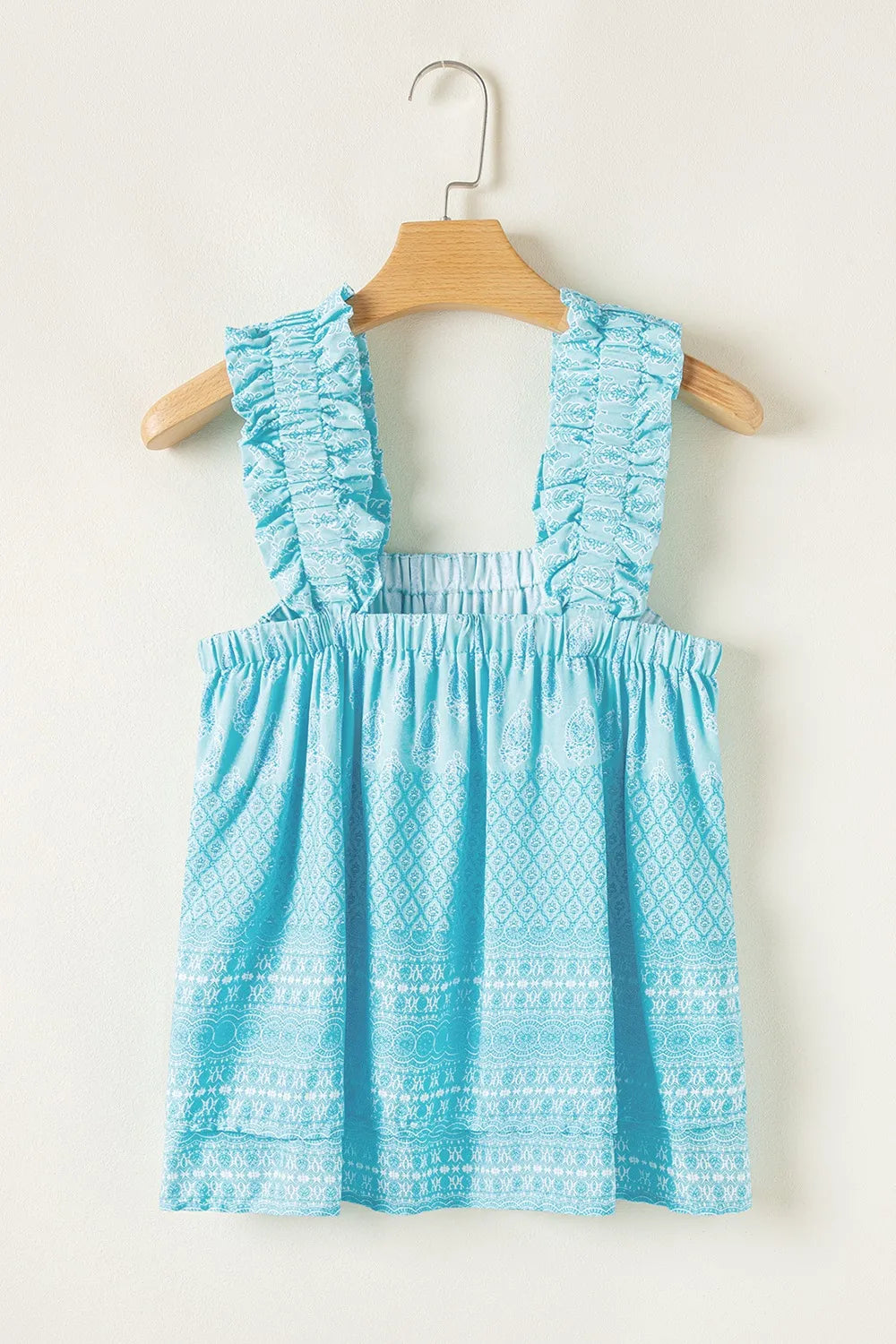 Printed ruffled wide straps tank top with tiered frill.
