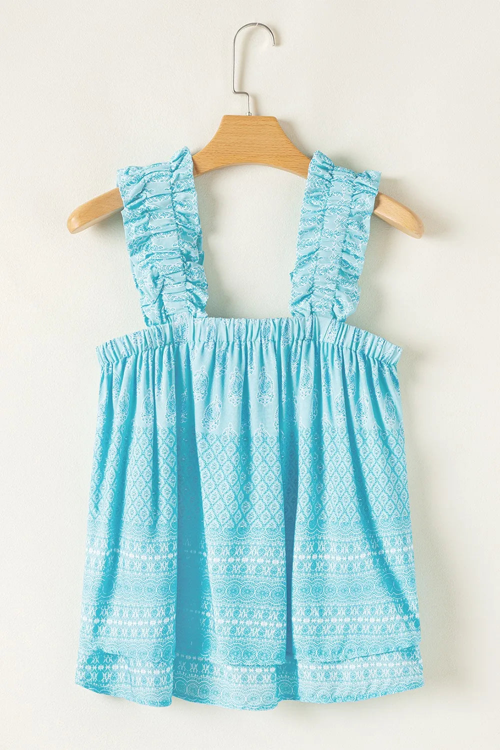 Printed ruffled wide straps tank top with tiered frill.