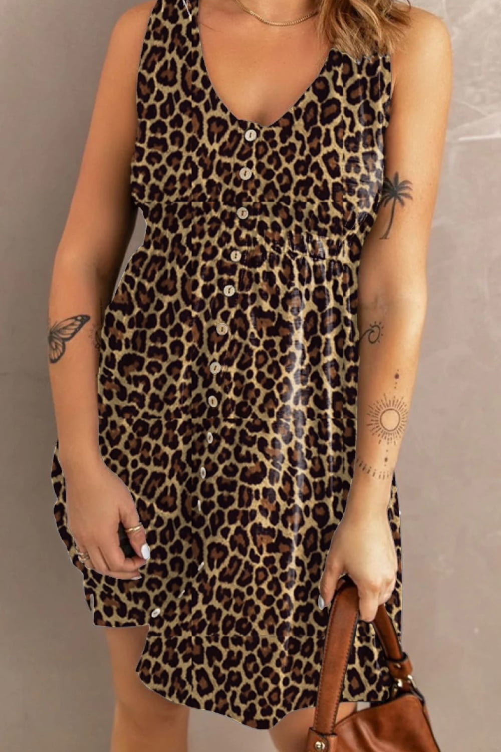Double Take Printed Scoop Neck Sleeveless Buttoned Magic Dress with Pockets.