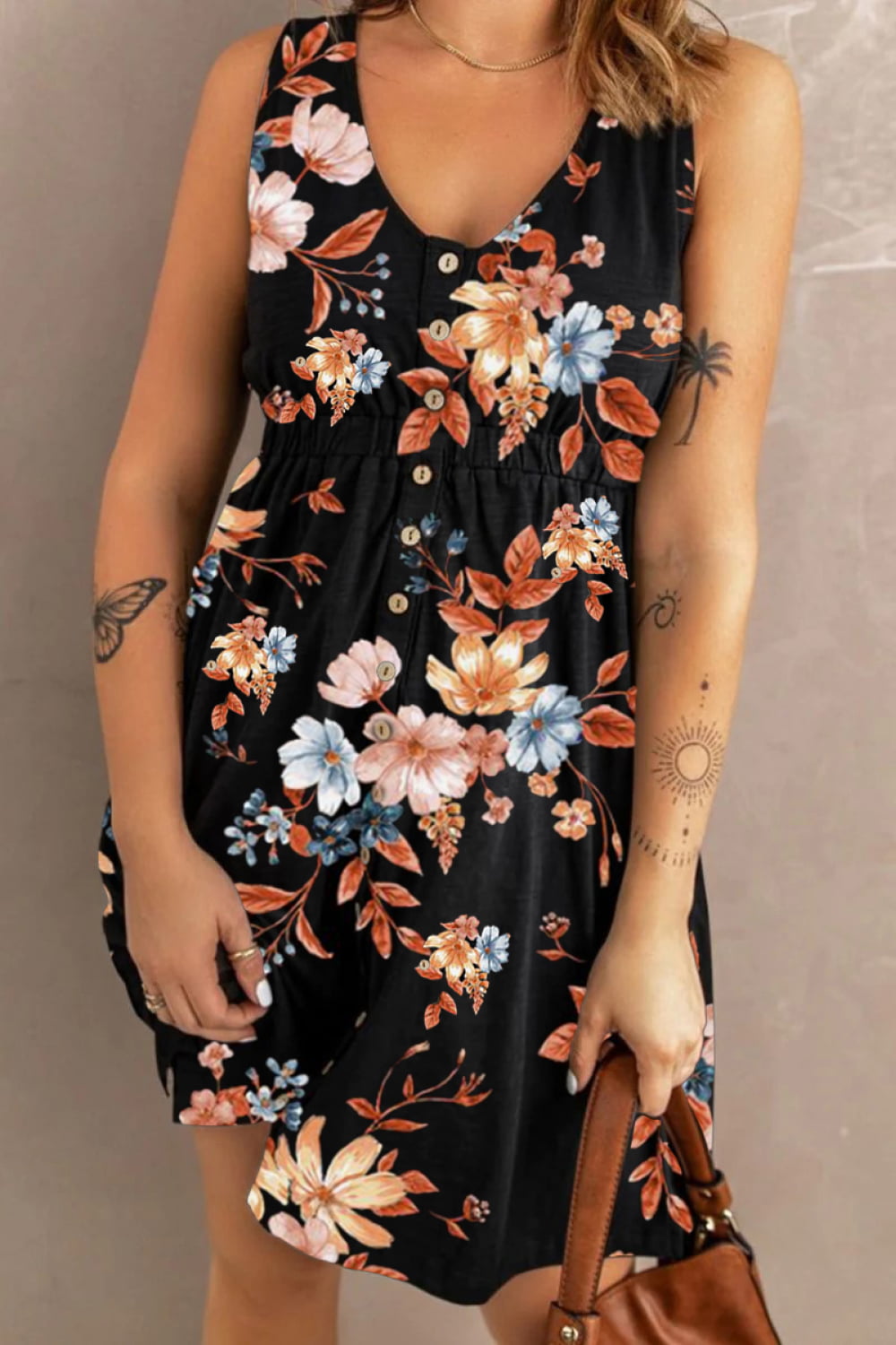 Double Take Printed Scoop Neck Sleeveless Buttoned Magic Dress with Pockets.