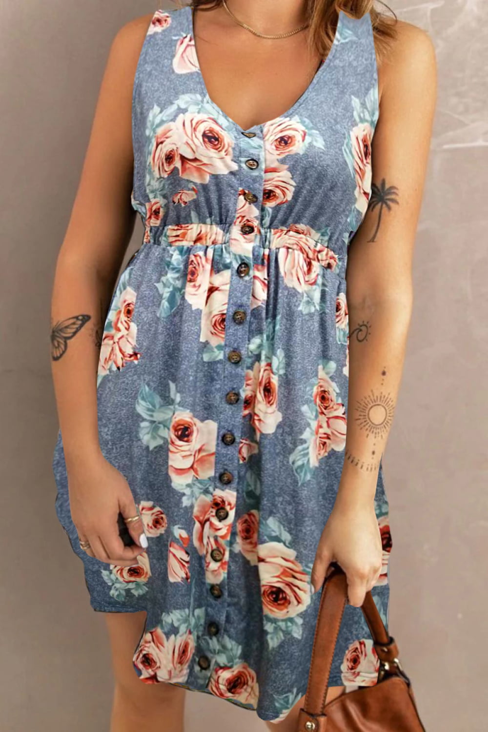 Double Take Printed Scoop Neck Sleeveless Buttoned Magic Dress with Pockets.