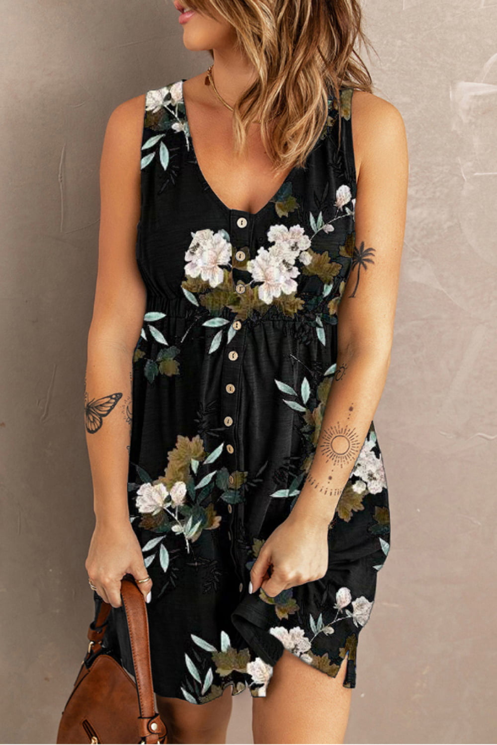 Double Take Printed Scoop Neck Sleeveless Buttoned Magic Dress with Pockets.