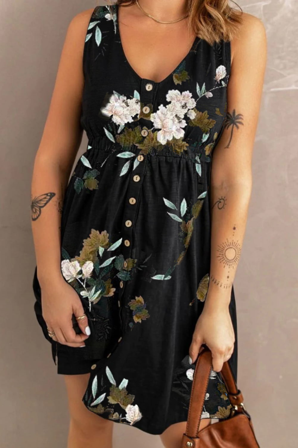 Double Take Printed Scoop Neck Sleeveless Buttoned Magic Dress with Pockets.