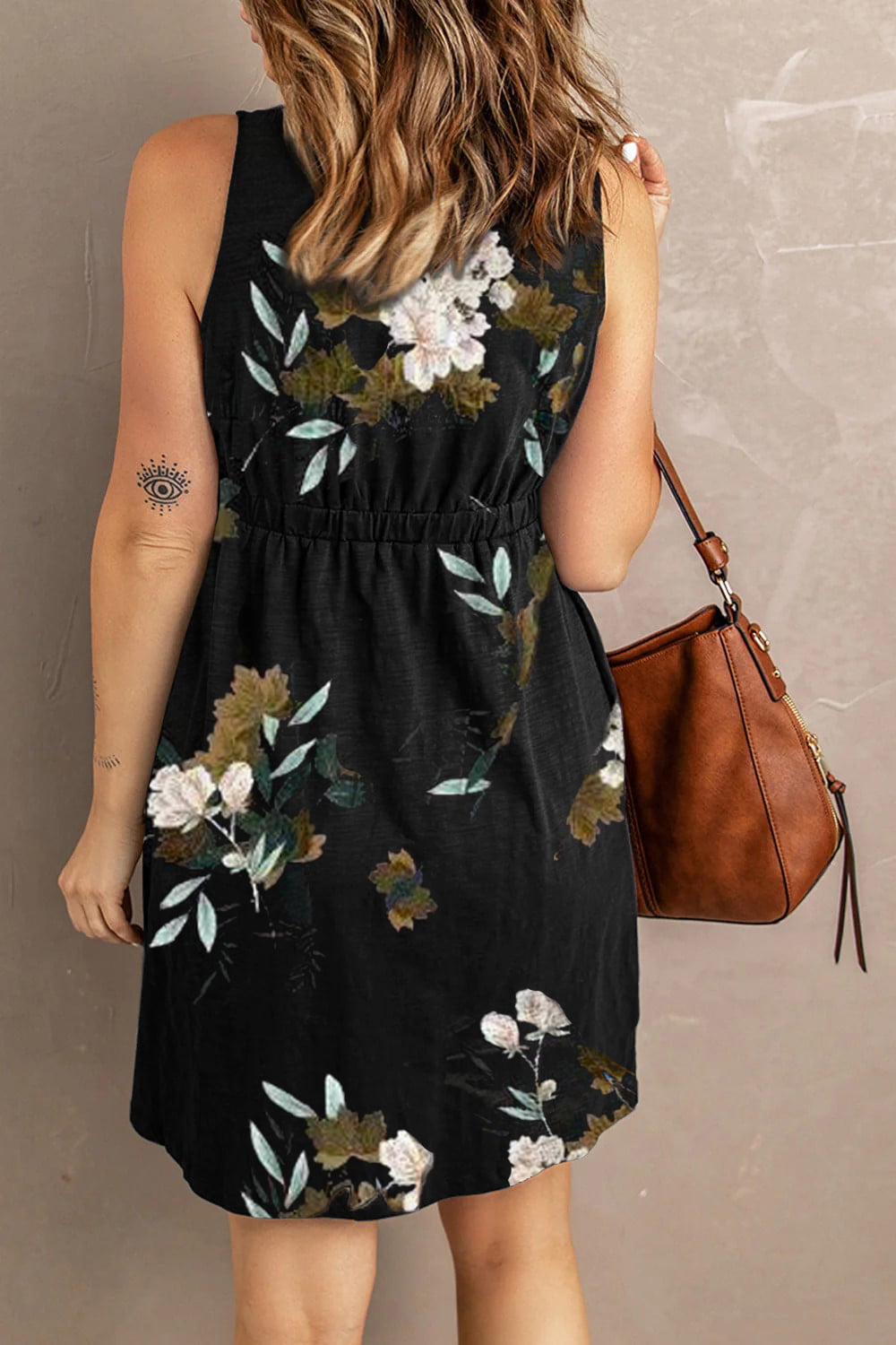 Double Take Printed Scoop Neck Sleeveless Buttoned Magic Dress with Pockets.