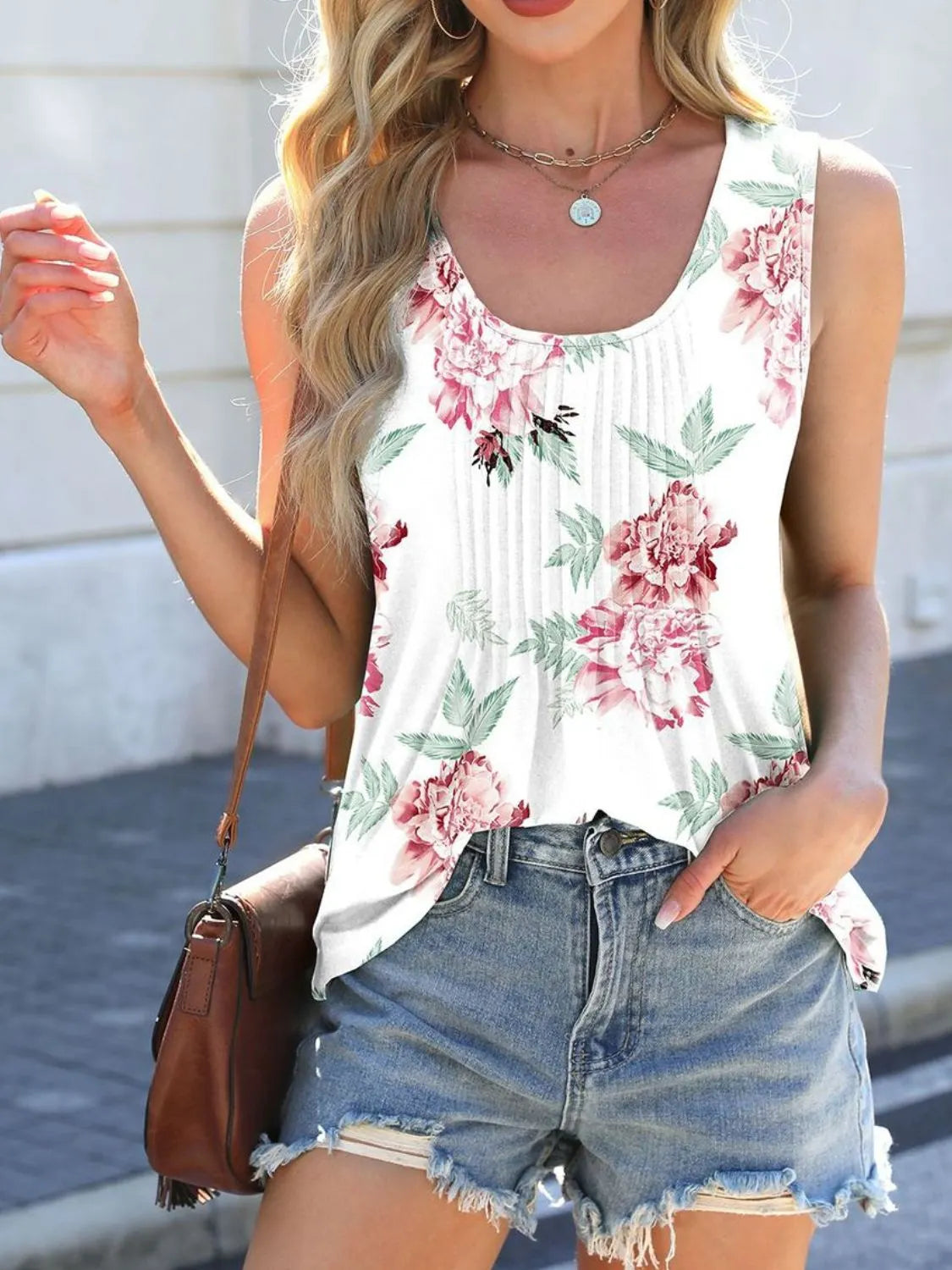 Printed scoop neck wide strap tank top with pleats.