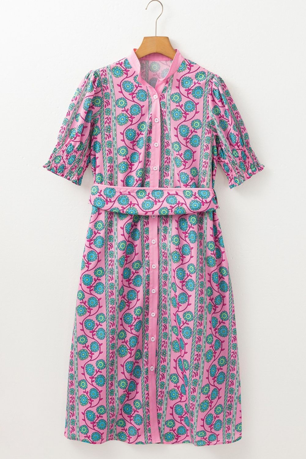 Printed Shirred Sleeve Buttoned Front Midi Dress with Sash.
